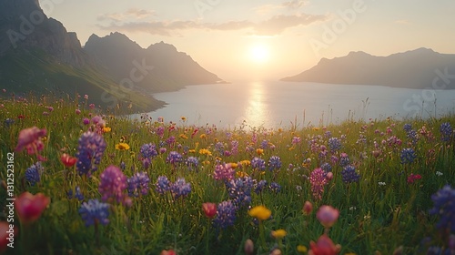 Wildflower Meadow Overlooking Ocean at Sunset with Majestic Mountain Backdrop