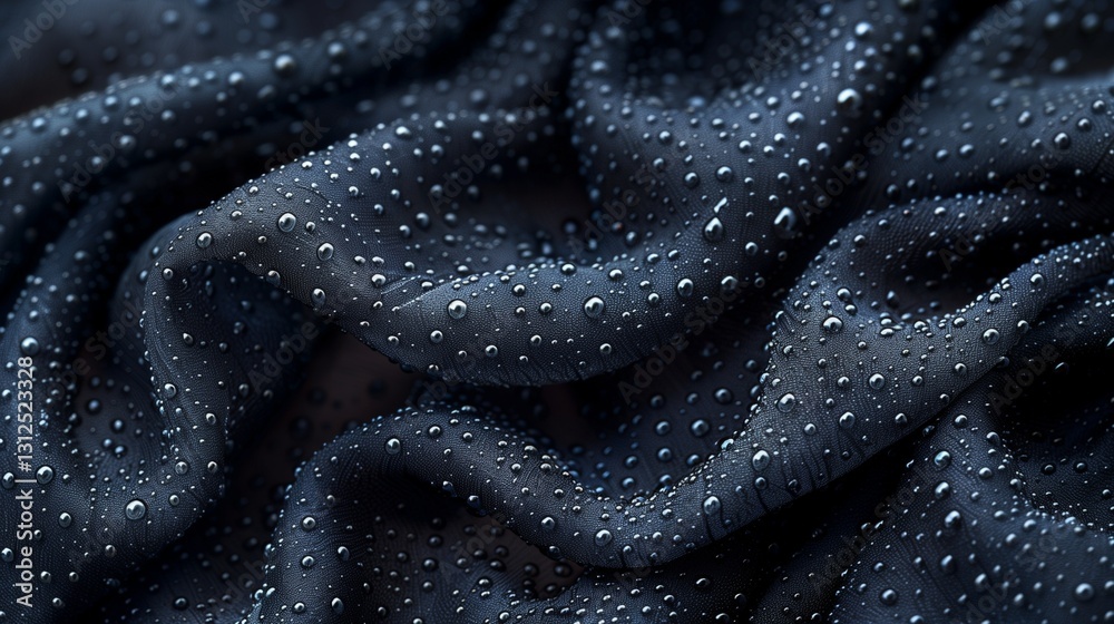 Fototapeta premium A closeup of dark fabric with intricate folds and numerous water droplets creating a shimmering effect under soft lighting