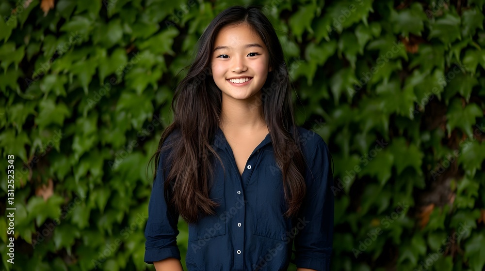 Smiling Young Asian Woman in Dark Blue Shirt Against Lush Green Ivy Wall Smiling Young Asian Woman in Dark Blue Shirt Against Lush Green Ivy Wall