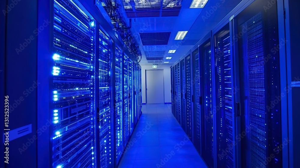 A Mesmerizing Blue-lit Corridor Of Humming Servers, The Heart Of A Digital World, Pulsating With The Energy Of Countless Connections Under Cool Electric Light A Mesmerizing Blue-lit Corridor Of Humming Servers, The Heart Of A Digital World, Pulsating With The Energy Of Countless Connections Under Cool Electric Light
