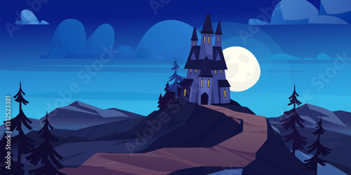 Cartoon vector illustration of a spooky castle under a full moon in a night landscape with dark trees and mountains. Mysterious Halloween night castle on a hilltop, illuminated by the full moon.