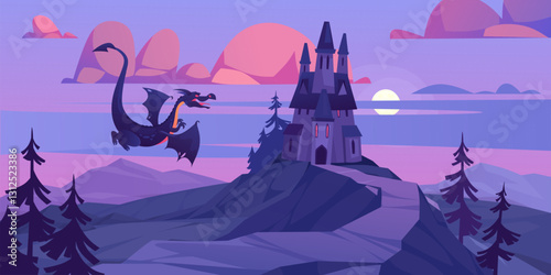 A striking cartoon vector illustration features a majestic dragon flying above a dark castle perched on a mountain. Spooky castle under a full moon in a night landscape with dark trees and mountains