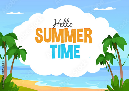 Summer banner template cartoon vector illustration with palm trees, clear sky, and tranquil ocean waves. Perfect summer template for vacation, holidays, travel designs.