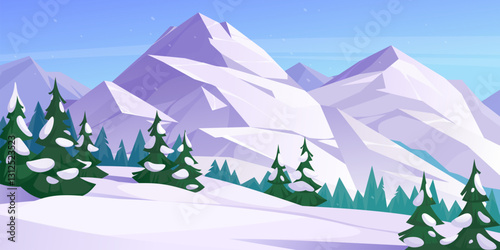 artoon vector illustration of a serene snowy mountain landscape with purple peaks and fluffy clouds in a clear blue sky during daylight. Peaceful daytime atmosphere, mountain peaks dusted with snow