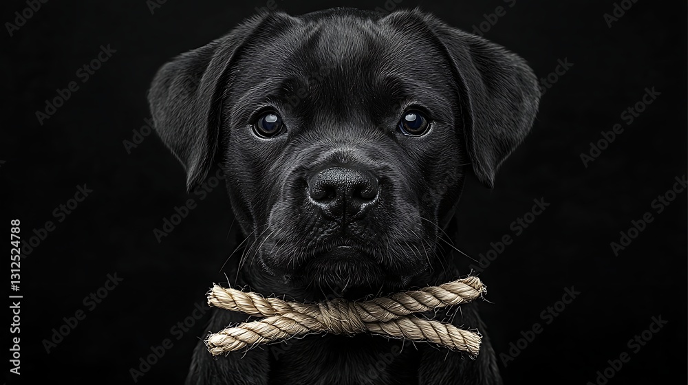 Fototapeta premium Black Dog for Rope Collar, Dark Background.