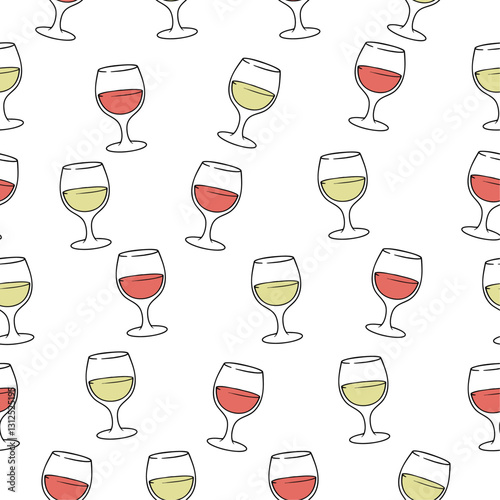 Seamless pattern of wine glasses with red and white wine. Ideal for use in decor, graphics, and themed illustrations.
