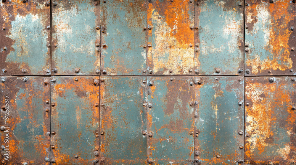 Rusted metal panels with weathered texture and rivets in abstract industrial design Rusted metal panels with weathered texture and rivets in abstract industrial design