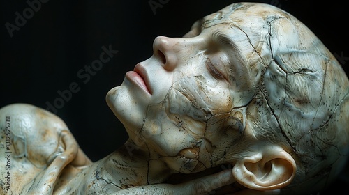 A haunting image of a cracked humanlike figure with a serene expression lying down against a dark background showcasing intricate details