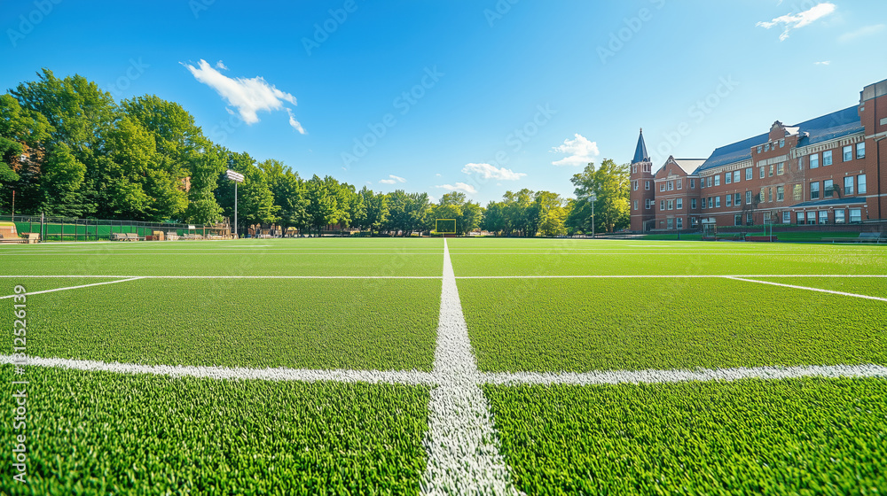 University Campus Football Pitch with Lush Green Turf, Ideal for Athletic Events and Games, Featuring Expansive Open Space for Text or Visual Elements University Campus Football Pitch with Lush Green Turf, Ideal for Athletic Events and Games, Featuring Expansive Open Space for Text or Visual Elements