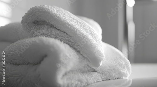 Soft, fluffy white towels neatly stacked on a bathroom counter with natural light filtering through