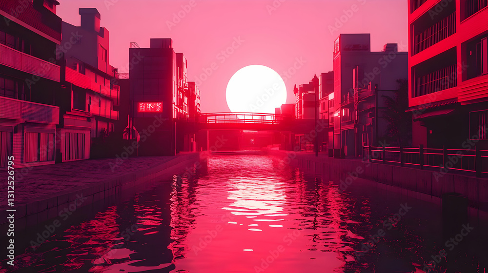 Fototapeta premium Pixel Art City Canal Sunset: Pink and Red Buildings Reflecting in Water