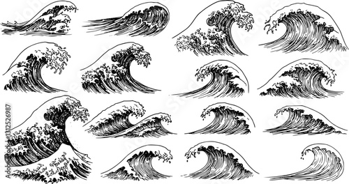 Asian japanese or chinese sea waves, vector oriental art. Vintage asian waves with ocean and sea water flow texture. Blue line splashes and tsunami surf with water swirls and ripples pattern