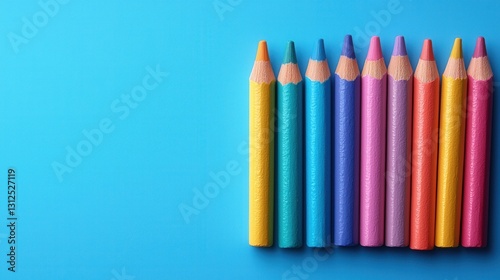 Colored Pencils Arranged on Blue Background
