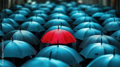 A red umbrella stands out among a group of blue umbrellas. A concept of individuality and uniqueness, as the red umbrella stands out from the rest.