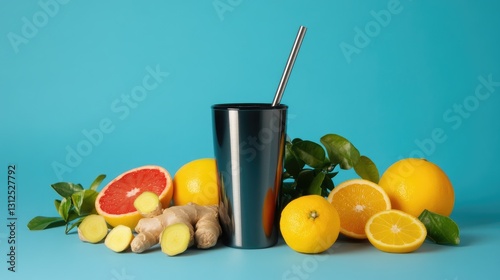 Refreshing Beverage Arrangement with Citrus Fruits and Ginger on Blue Background