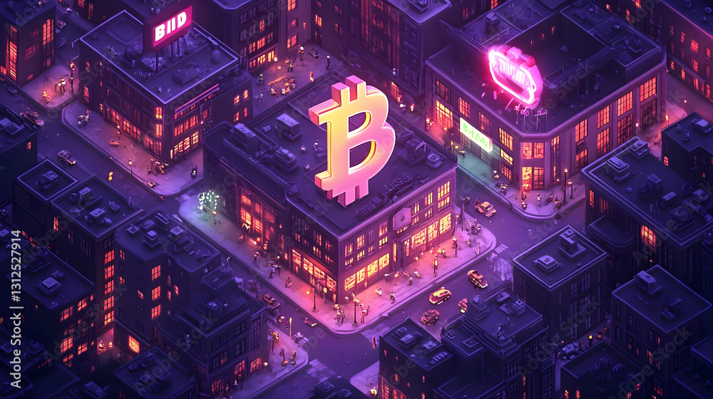 Fototapeta premium Pixel Art Cityscape at Night with Glowing Bitcoin Sign