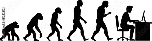Illustration about the evolution of species up to the modern human being, humor