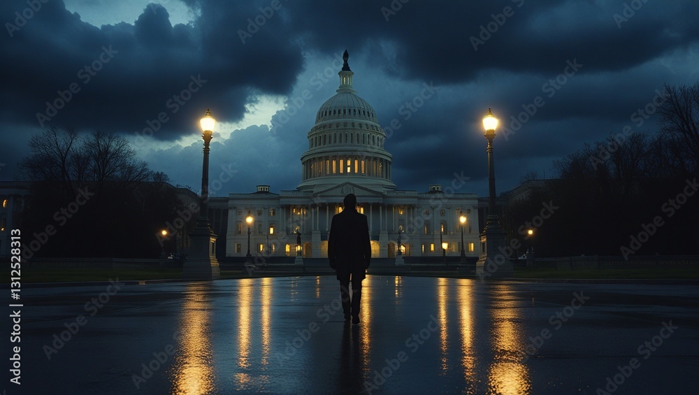 Obraz premium Dramatic Scene of a Lone Man Facing the Illuminated Capitol Building