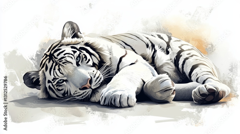 Naklejka premium Resting White Tiger Digital Painting, Realistic Style, Wildlife Concept, White Tiger Art White Tiger, Digital Art