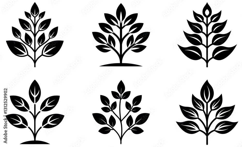 This image features six distinct, stylized tree silhouettes in black on a white background. This image features six distinct, stylized tree silhouettes in black on a white background.
