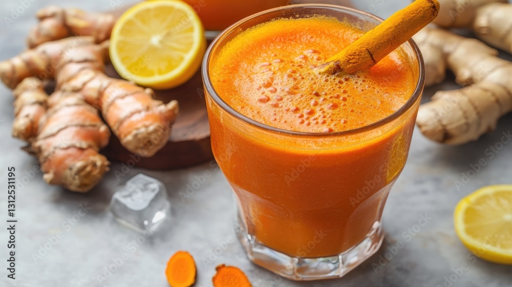 Fresh Ginger Turmeric Juice with Lemon and Cinnamon in a Glass Surrounded by Fresh Ingredients Fresh Ginger Turmeric Juice with Lemon and Cinnamon in a Glass Surrounded by Fresh Ingredients