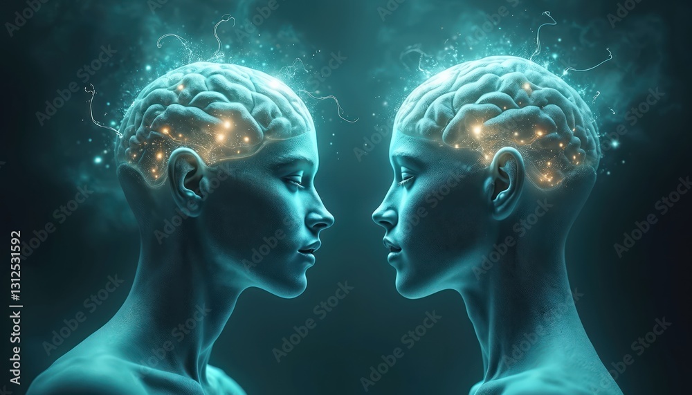 Fototapeta premium Conceptual illustration of two people facing with brain activity, glowing connections. Thought exchange, mind control, telepathy, communication, influence, telekinetic power, empathy, psychic