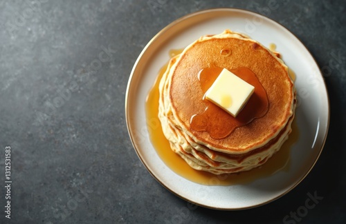 Top view of pancake stack served with butter, maple syrup on plate. Sweet golden brown, fluffy battercake dessert, homemade treat, comfort food, fresh. Dark background with copy space for text.