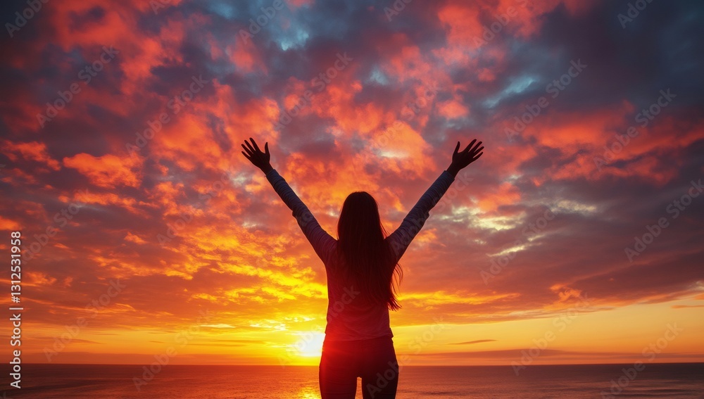 Fototapeta premium Sunset Embrace: A silhouette of a woman with arms raised towards a vibrant sunset sky, exuding freedom and a deep connection with nature, portraying a sense of peace and liberation.