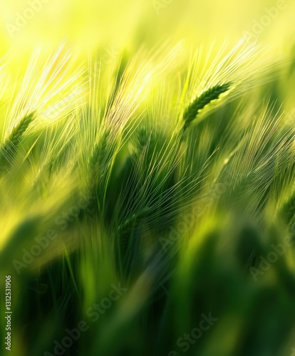Golden wheat sways gently under the warm sun in a lush field during the early morning hours