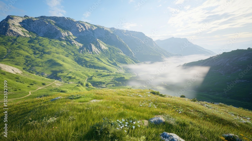 Naklejka premium Mountain valley view, misty morning, lush green hills