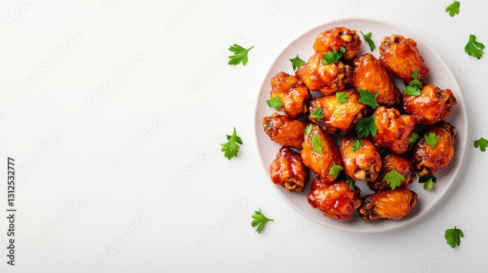 Buffalo wings garnished with parsley, fresh and flavorful, modern food shot, isolated on white background