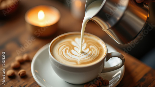 A cup of coffee with latte art being poured from a creamer pitcher.