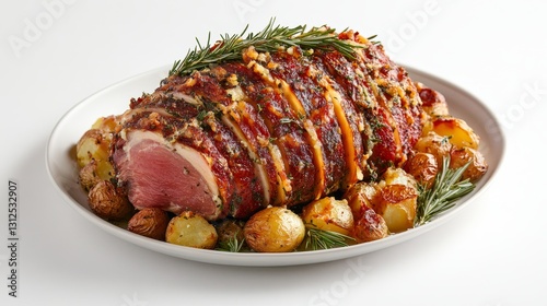 Juicy Herb-Crusted Roast Pork with Golden Potatoes and Rosemary Garnish on a White Plate