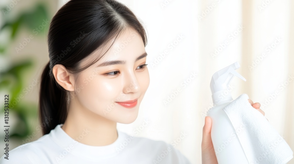 Young woman holding a spray bottle while smiling in a bright and airy indoor space with soft natural light Young woman holding a spray bottle while smiling in a bright and airy indoor space with soft natural light
