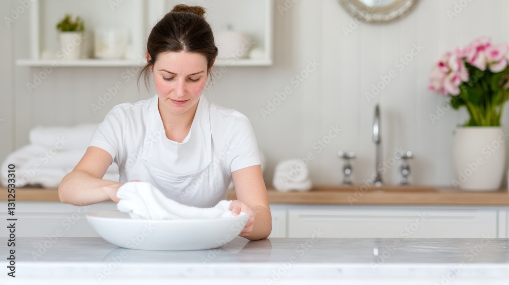 Woman in White Towel Cleaning Bowl in Modern Kitchen with Fresh Flowers and Neat Background Woman in White Towel Cleaning Bowl in Modern Kitchen with Fresh Flowers and Neat Background