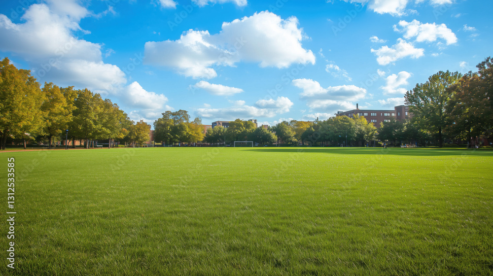 University Campus Outdoor Sports Area with Vast Green Field, Perfect for Games, Tournaments, or Gatherings, Offering Ample Space for Text or Visual Elements University Campus Outdoor Sports Area with Vast Green Field, Perfect for Games, Tournaments, or Gatherings, Offering Ample Space for Text or Visual Elements