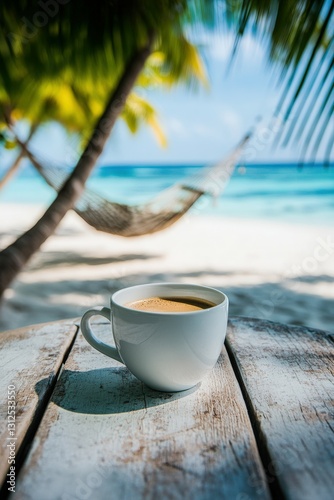 Enjoying coffee in a serene beach setting with a hammock and palm trees on a sunny day