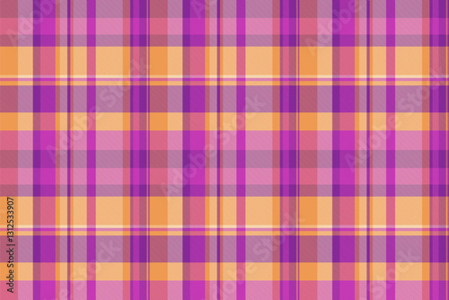 Purity background pattern tartan, cotton texture plaid fabric. Shabby check vector textile seamless in purple and orange colors.