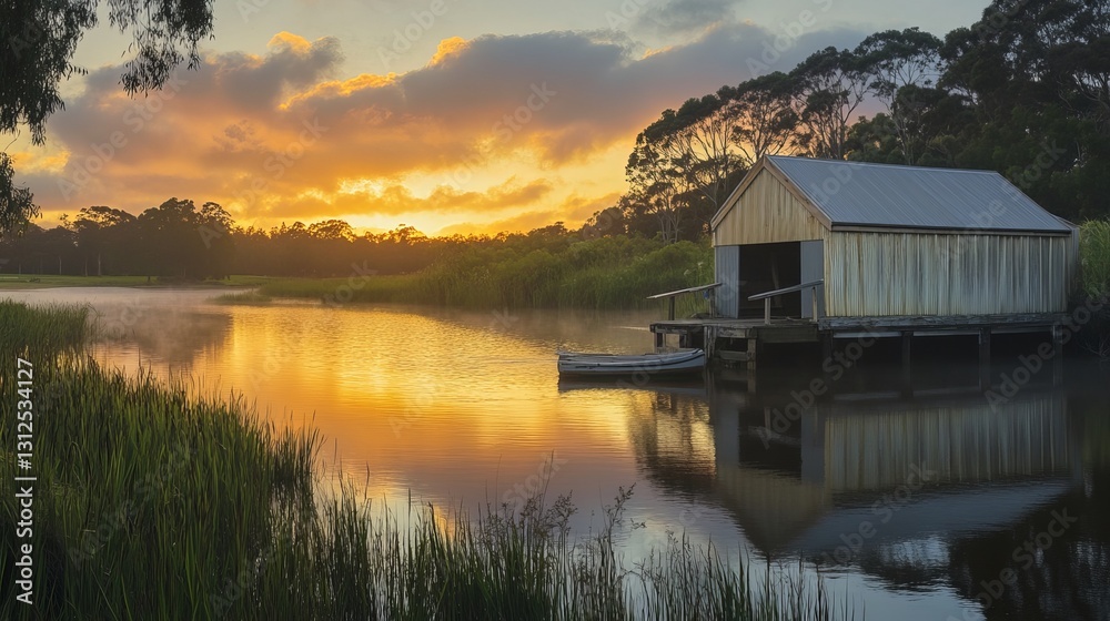 Fototapeta premium Sunrise over a boathouse on a river in Perth, Western Australia.