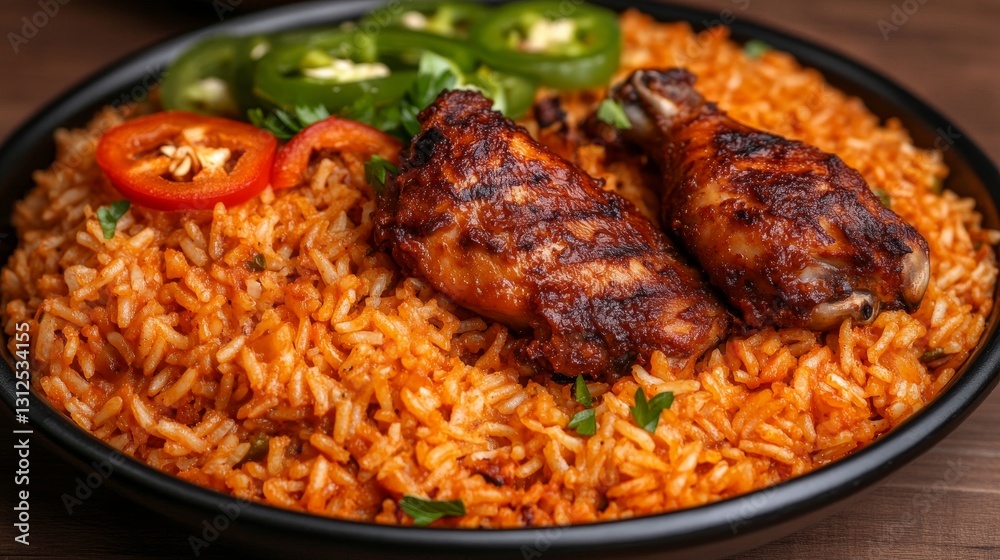 Fototapeta premium Delicious grilled chicken legs served on a bed of spicy tomato rice garnished with fresh herbs and jalapeño slices