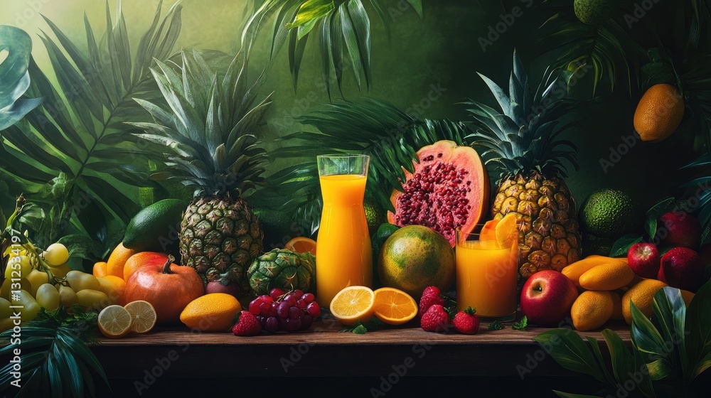 Vibrant Tropical Fruit Arrangement with Juices in a Lush Green Setting for Freshness and Nutrition Vibrant Tropical Fruit Arrangement with Juices in a Lush Green Setting for Freshness and Nutrition