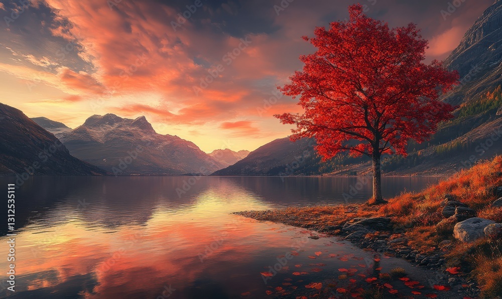 Majestic Sunset Over Mountain Lake With Red Tree Majestic Sunset Over Mountain Lake With Red Tree