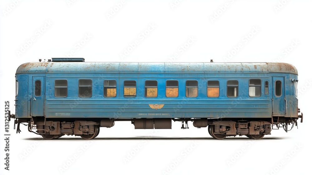 A blue passenger wagon, reminiscent of an old Soviet train, isolated on a white background. A blue passenger wagon, reminiscent of an old Soviet train, isolated on a white background.