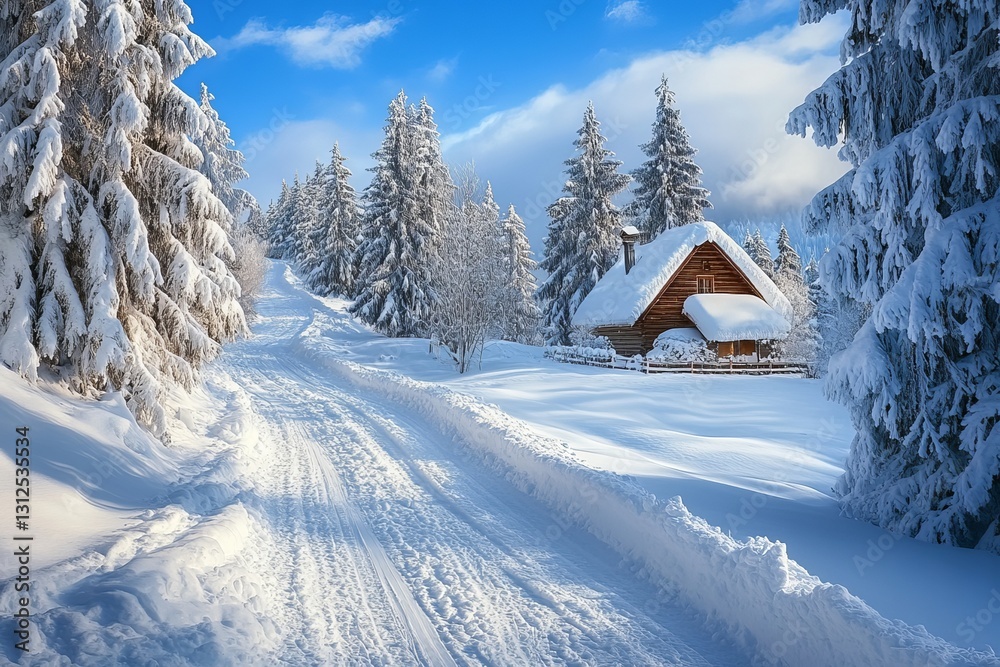Fototapeta premium Snowy Winter Wonderland Cabin Scene Peaceful Serene Mountain Road Beautiful Frosty Trees Cold Winter Landscape Picturesque Snowy Path Tranquil Nature 