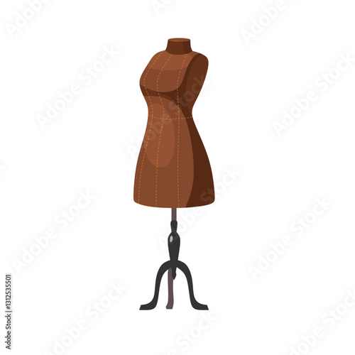 Stylish brown mannequin stand icon for fashion design and tailoring inspiration isolated on white background. Cartoon dress form set on a classic black stand for fashion design, tailoring projects