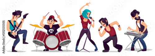 Cartoon vector illustration of a dynamic rock band performing on stage, featuring a guitarist, drummer, vocalist, and keyboardist isolated on white background. Cute flat style characters