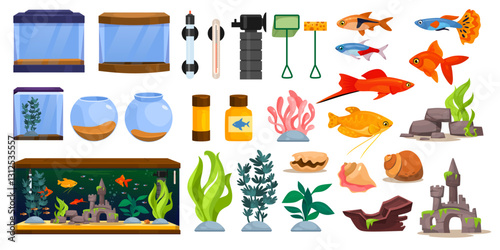 Colorful vector illustration set of aquariums, fish and aquatic plants for decorative, educational materials, children's books, digital projects related to marine life.