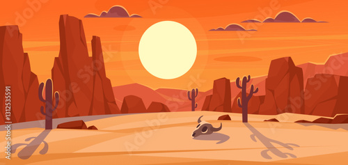 Desert landscape with a setting sun, rocky formations, and a skull, featuring a vibrant cartoon style and warm color palette, ideal for desert-themed projects. Wild west landscape background