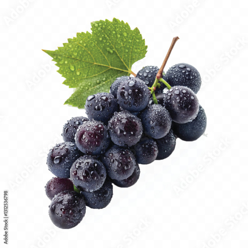 abstract 3d fresh organic  grapes cluster with water droplets and green leaf isolated on pure white background 