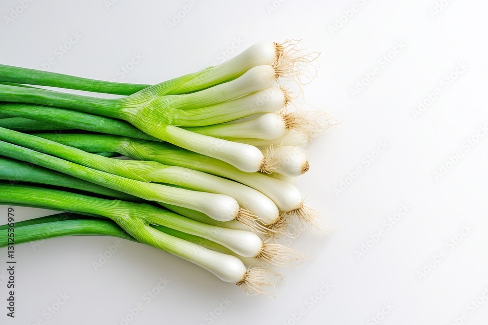 Fresh spring onions with roots arranged on a white background, ideal for healthy recipes and culinary uses Fresh spring onions with roots arranged on a white background, ideal for healthy recipes and culinary uses